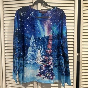 NWOT Gloria Vanderbilt women Blue Winter theme Embellished LS Shirt Top XXL gift